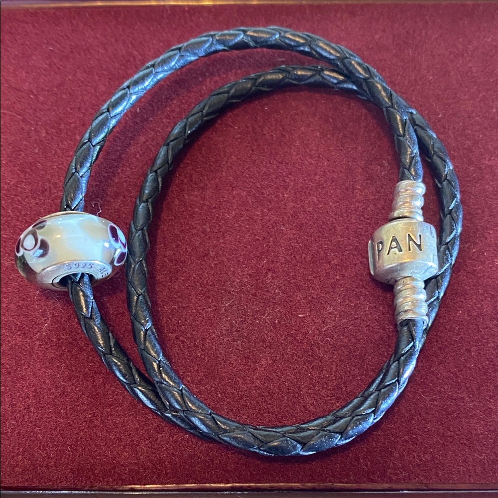 925 Pandora Double Black Braided Bracelet with Pandora Murano Charm
